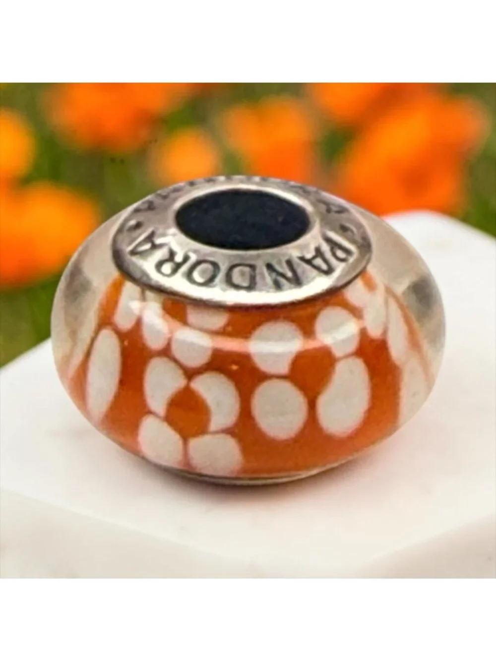 Pandora Retired XL Orange Blossoms Murano Glass Charm 790751